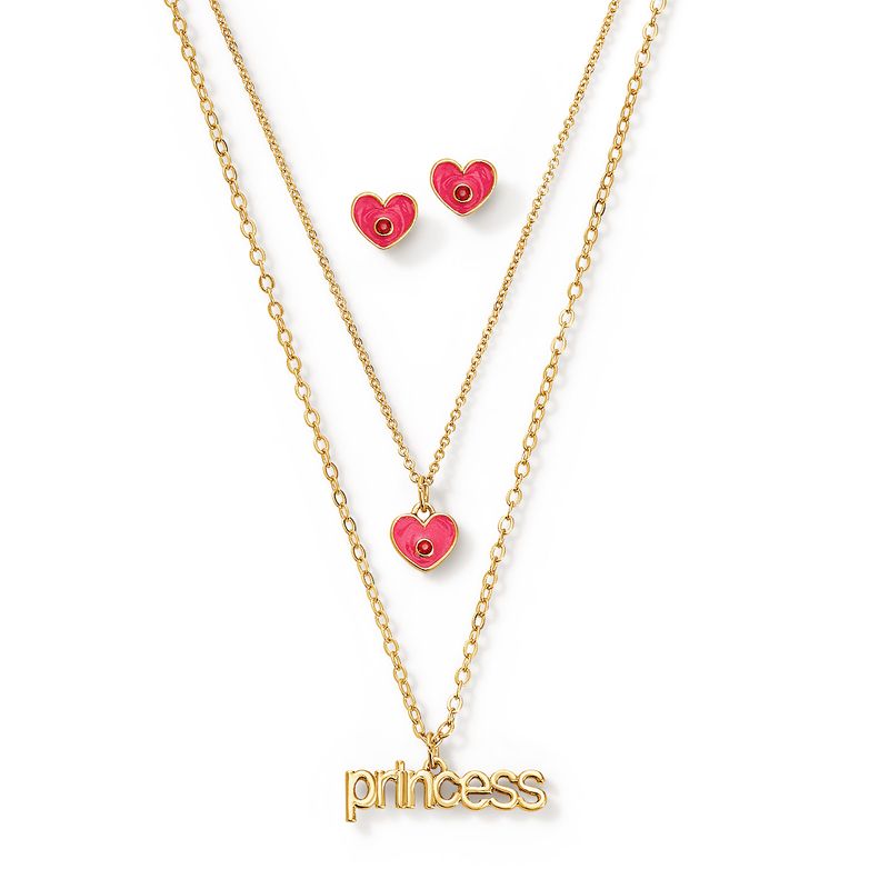 set-de-aretes-y-collar-dorado-para-ni�a-corazones-rosados-dije-princess