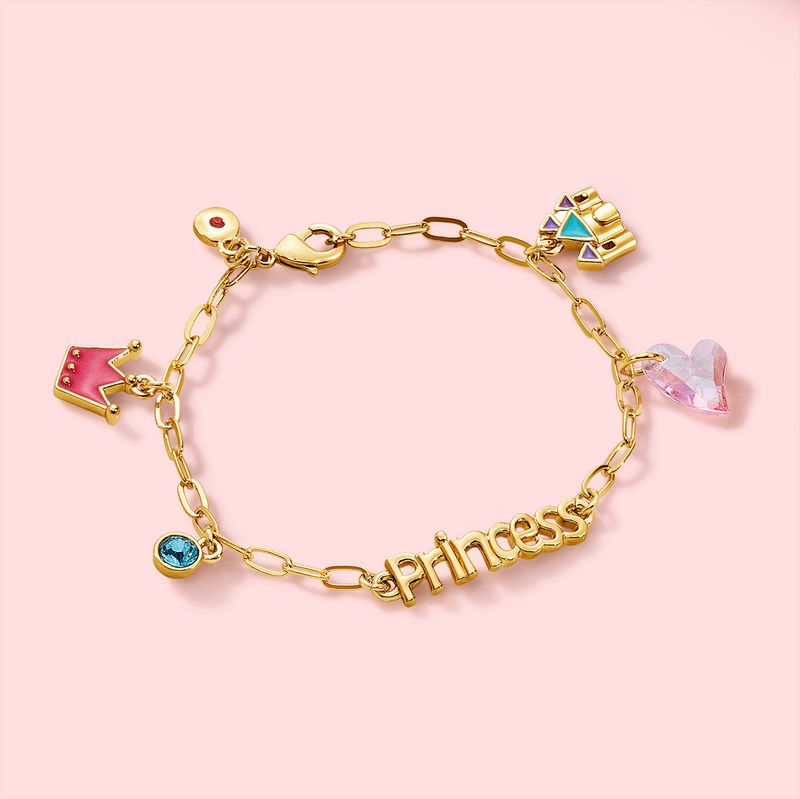 pulsera-dorada-para-ni�a-con-dijes-dorados-y-rosados-princess