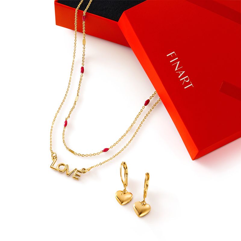 juego-de-collar-y-aretes-dije-LOVE-en-ba�o-de-oro-de-24kk-y-piedras-pintadas-a-mano-en-rojo